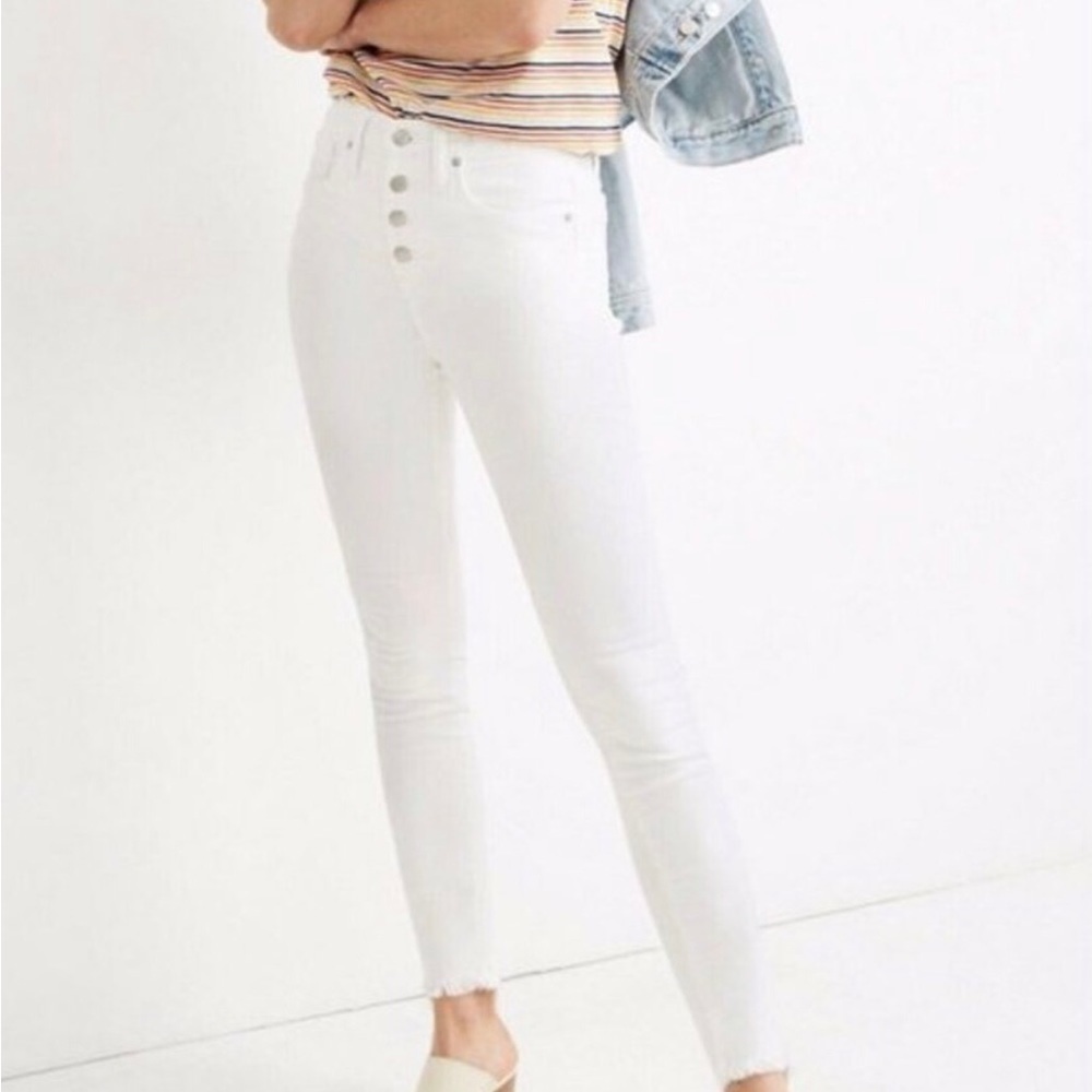 Madewell Mid-Rise Skinny Jeans in Pure White button fly raw hem